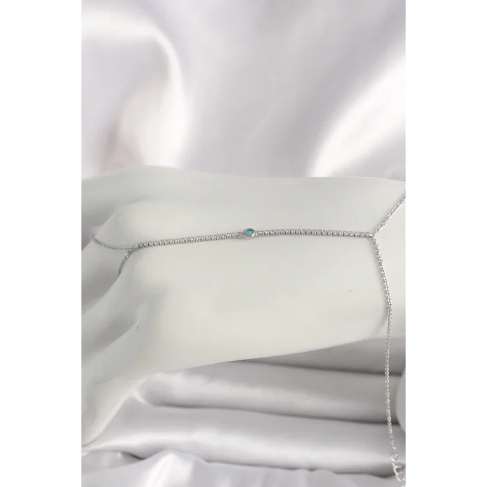 Pirinç Gümüş Renk Su Yolu Zirkon Taşlı Mavi Taş Detaylı Kadın Şahmeran