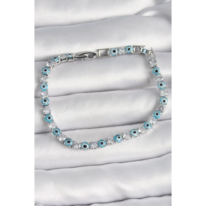 Pirinç Gümüş Renk Su Yolu Zirkon Taşlı Nazar Boncuklu Kadın Bileklik