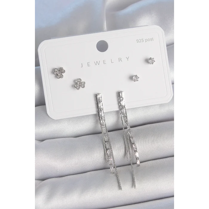 Pirinç Gümüş Renk Su Yolu Zirkon Taşlı Sallantı Model Çiçek Detay 925 Ayar Gümüş Çivi Kadın Küpe Seti