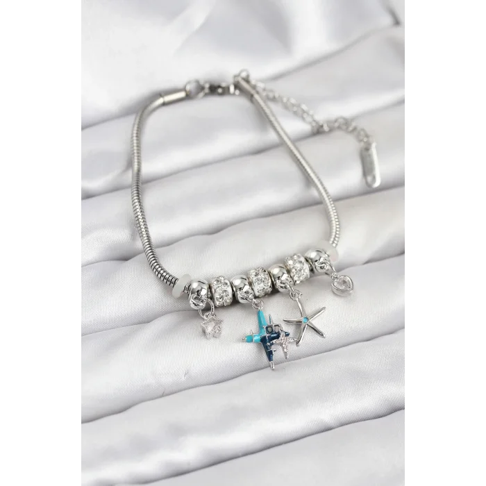 Pirinç Gümüş Renk Yıldız Model Charmlı Kadın Bileklik