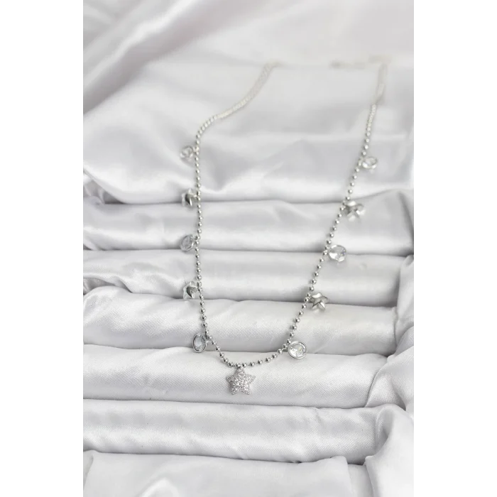 Pirinç Gümüş Renk Yıldız Model Kadın Kolye