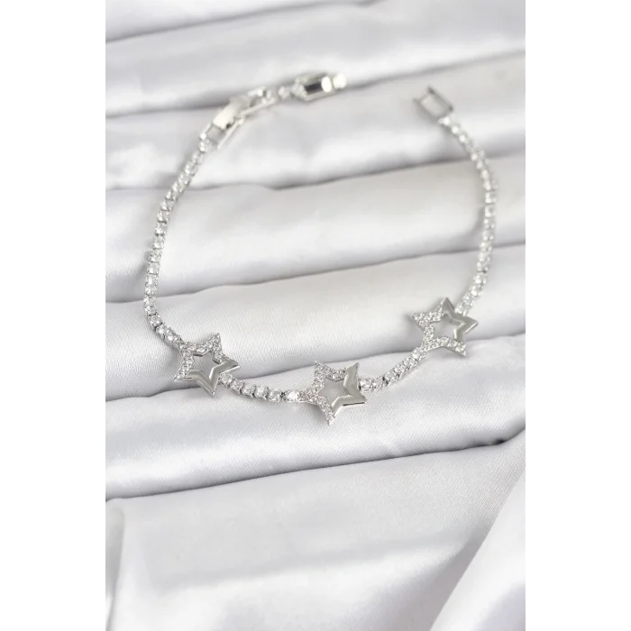 Pirinç Gümüş Renk Yıldız Model Zirkon Taşlı Su Yolu Kadın Bileklik