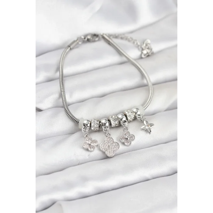 Pirinç Gümüş Renk Yonca Model Kadın Bileklik