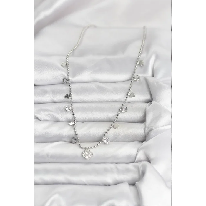 Pirinç Gümüş Renk Yonca Model Kadın Kolye