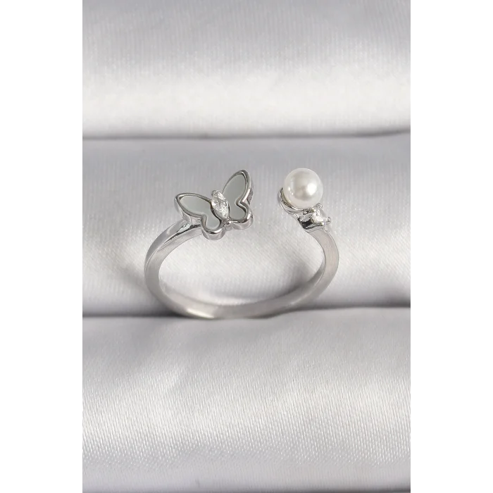 Pirinç Gümüş Renk Zirkon Taş Detaylı Beyaz Mineli Kelebek Figür İnci Detay Ayarlanabilir Yüzük