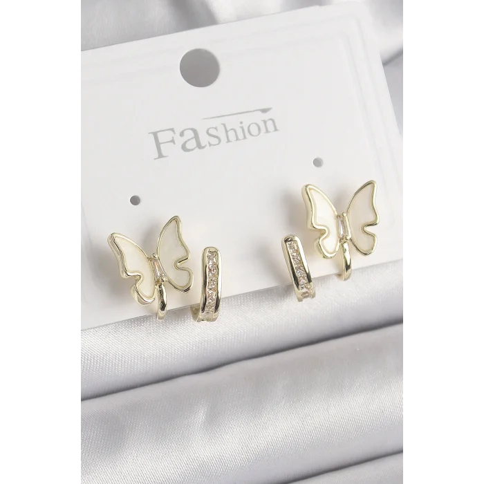 Pirinç Gümüş Renk Zirkon Taş Detaylı Beyaz Sedefli Kelebek Model Kadın Küpe