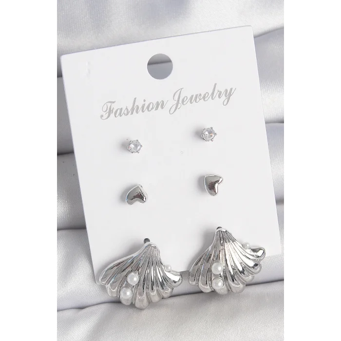 Pirinç Gümüş Renk Zirkon Taş Detaylı İnci Detaylı Deniz Kabuğu Model 3 Çift Kadın Küpe