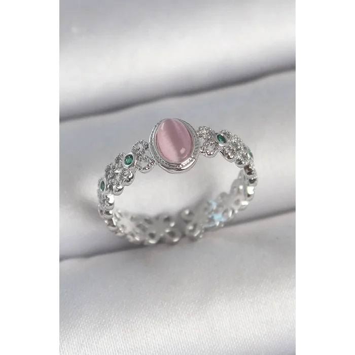 Pirinç Gümüş Renk Zirkon Taş Detaylı Pembe Mineli Damla Model Ayarlanabilir Kadın Yüzük
