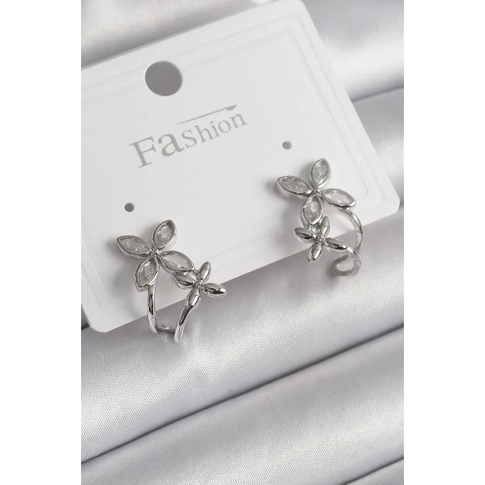 Pirinç Gümüş Renk Zirkon Taşlı 2Li Çiçek Model Kadın Küpe