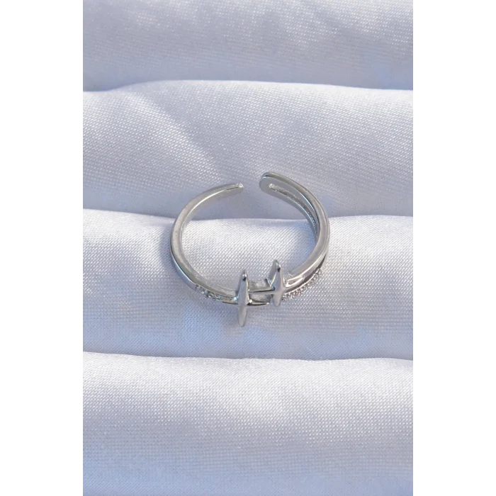 Pirinç Gümüş Renk Zirkon Taşlı 2li Görünüm Ayarlanabilir Yıldız Model Yüzük