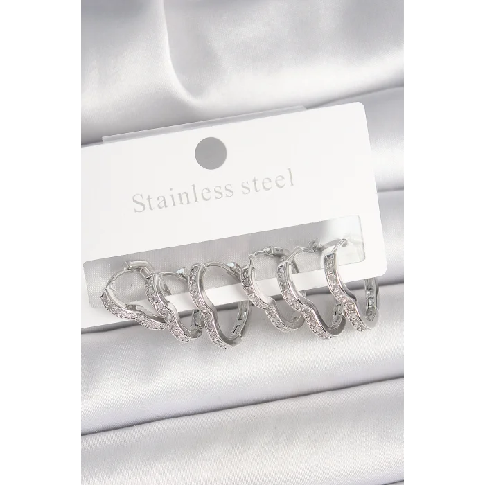 Pirinç Gümüş Renk Zirkon Taşlı 3 Çift Kalp Model Kadın Küpe