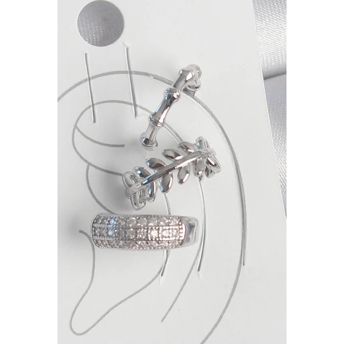 Pirinç Gümüş Renk Zirkon Taşlı 3Lü Model Yaprak Figür Kadın Kıkırdak Küpe