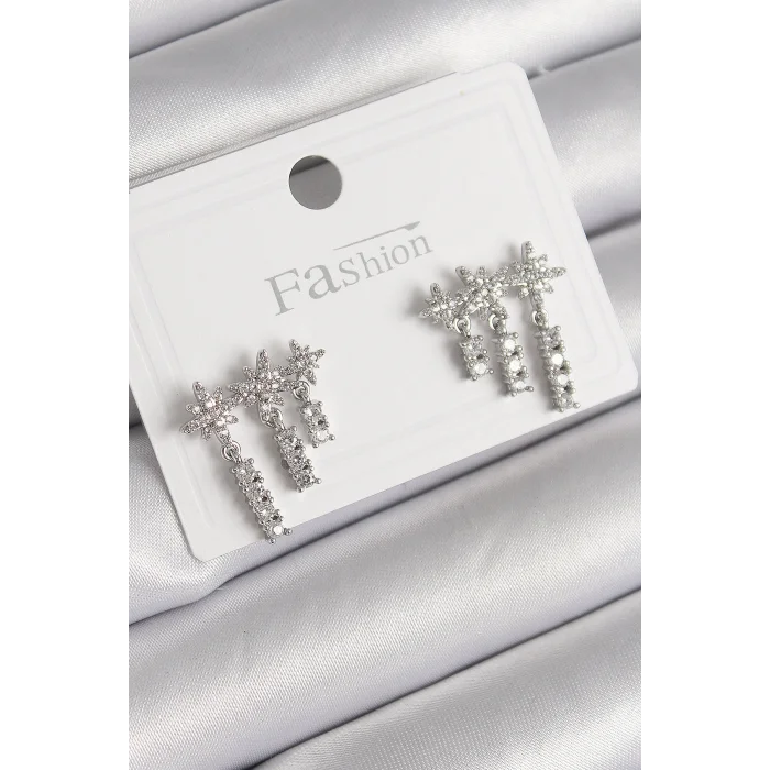 Pirinç Gümüş Renk Zirkon Taşlı 3Lü Sallantı Yıldız Model Kadın Küpe