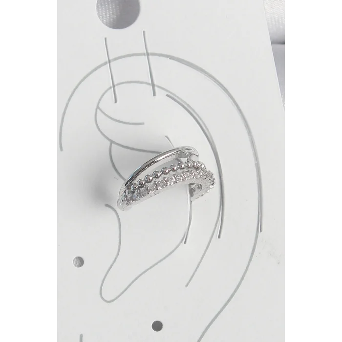 Pirinç Gümüş Renk Zirkon Taşlı 3Lü Sıralı Kadın Kıkırdak Küpe