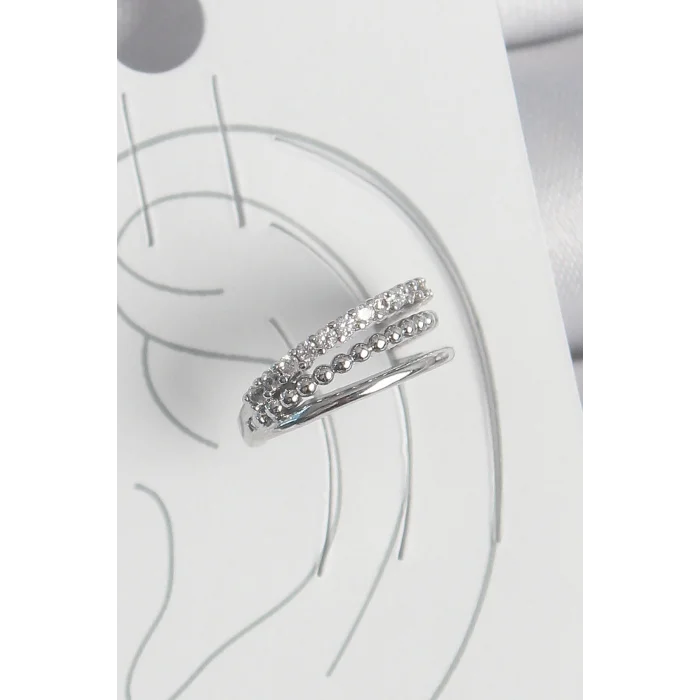 Pirinç Gümüş Renk Zirkon Taşlı 3Lü Sıralı Model Kadın Kıkırdak Küpe