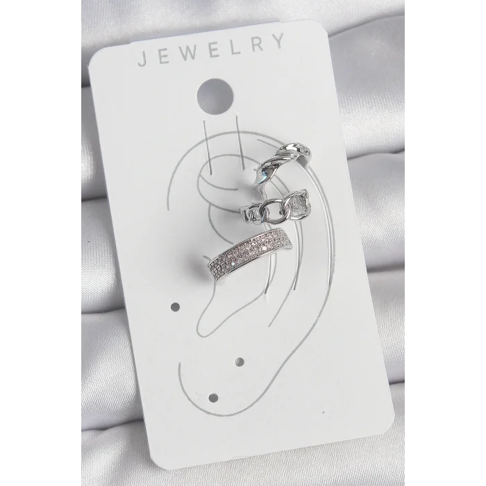 Pirinç Gümüş Renk Zirkon Taşlı 3Lü Zincir Sarmal Model Kadın Kıkırdak Küpe