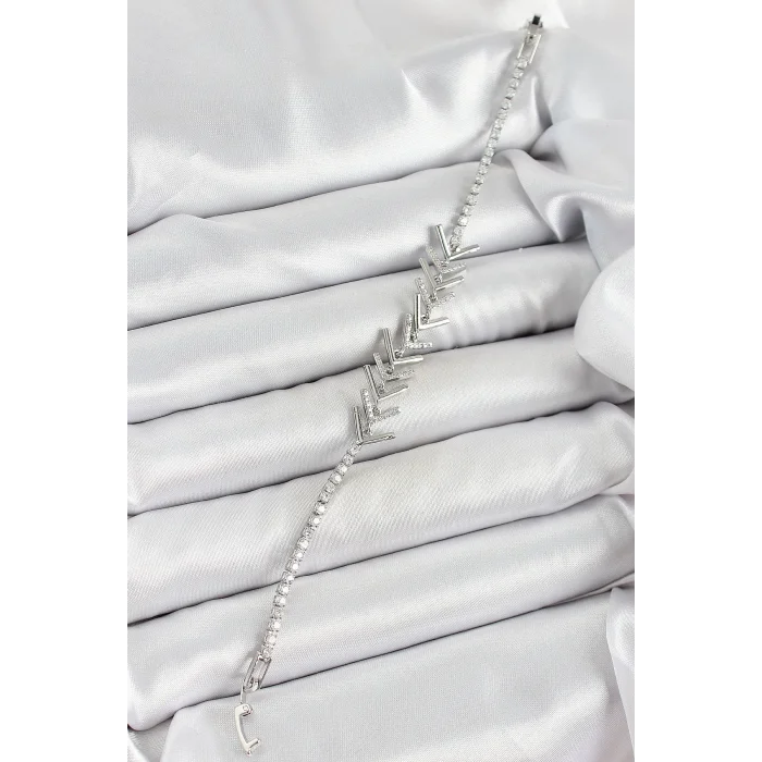 Pirinç Gümüş Renk Zirkon Taşlı Balık Sırtı Kadın Bileklik