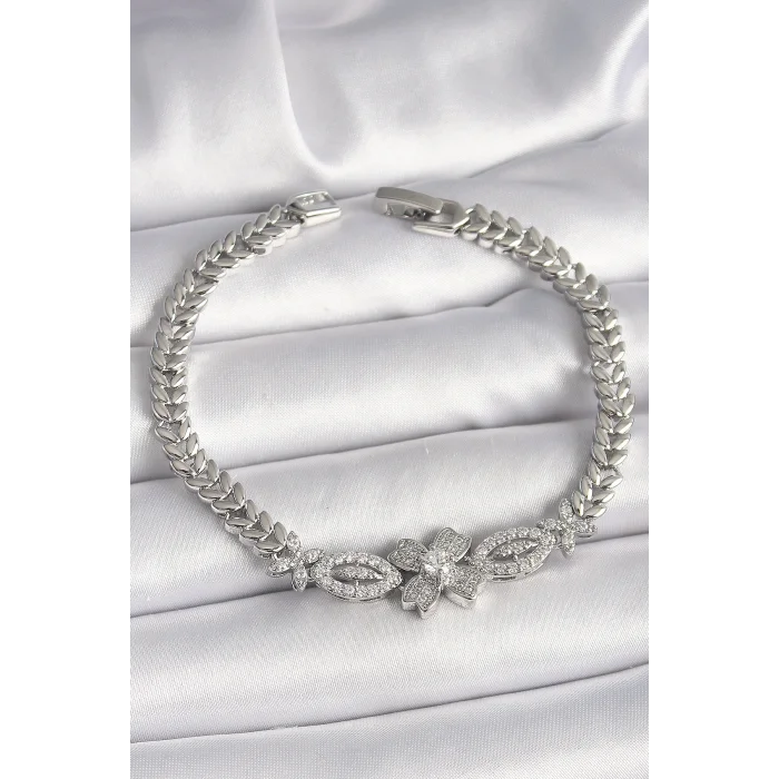 Pirinç Gümüş Renk Zirkon Taşlı Çiçek Figür Arpa Zincir Model Kadın Bileklik