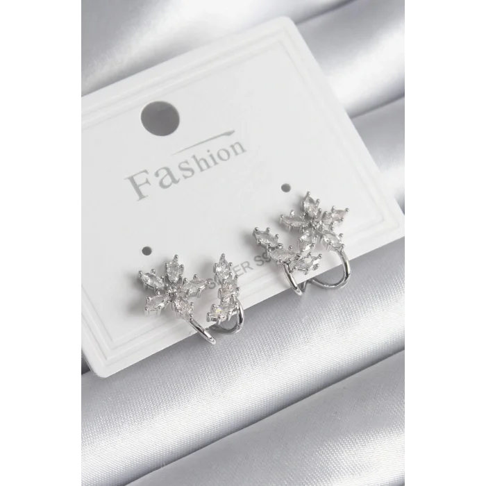 Pirinç Gümüş Renk Zirkon Taşlı Çiçek Model Kadın Küpe