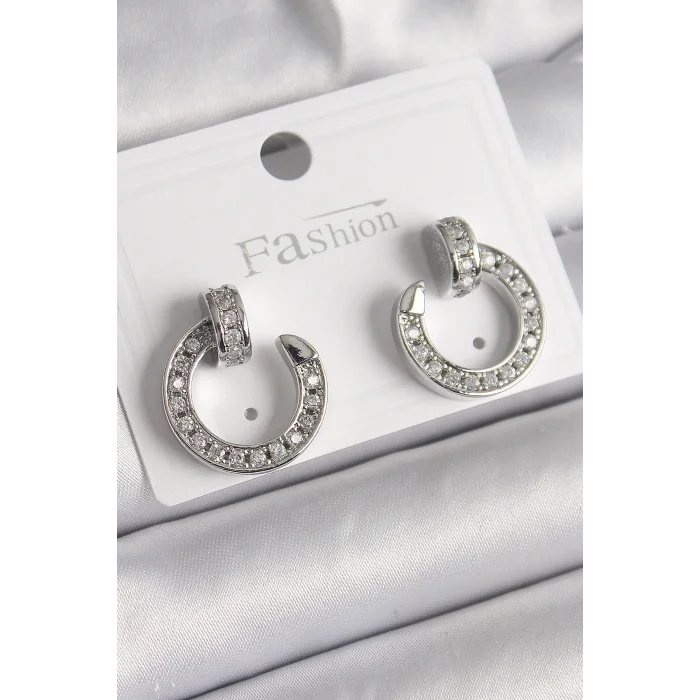 Pirinç Gümüş Renk Zirkon Taşlı Çivi Halka Model Kadın Küpe