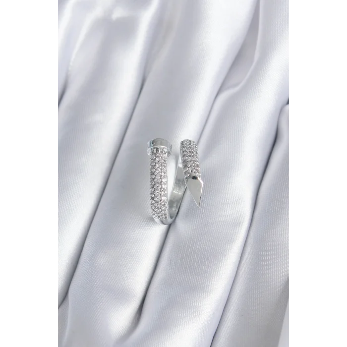 Pirinç Gümüş Renk Zirkon Taşlı Çivi Model Kadın Yüzük