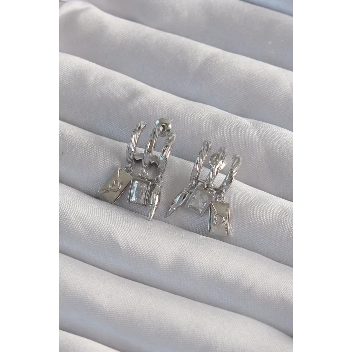 Pirinç Gümüş Renk Zirkon Taşlı Çoklu Aksesuarlı Yarım Halka Kaburga Küpe