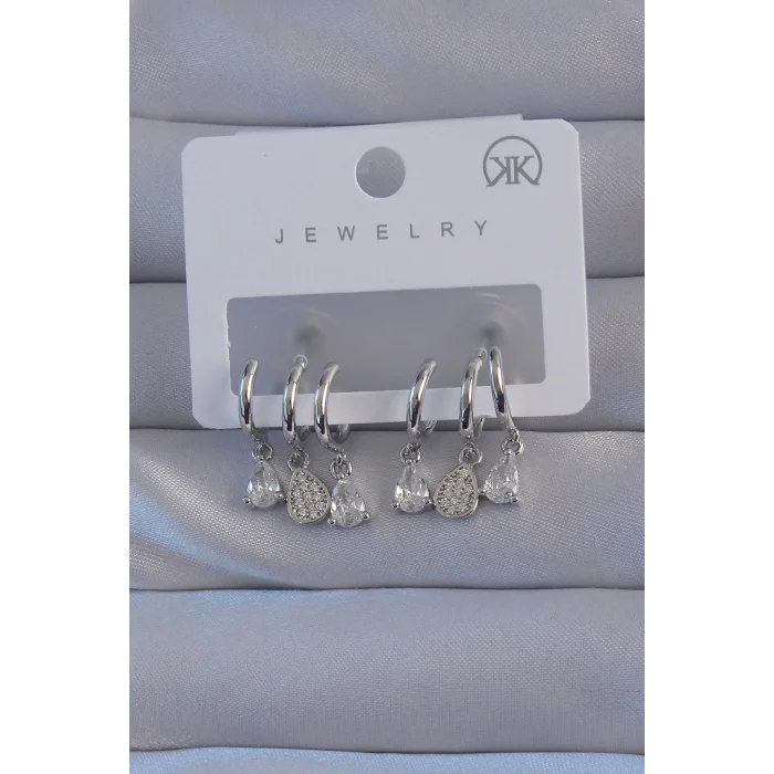 Pirinç Gümüş Renk Zirkon Taşlı Damla Model Çoklu Görünüm Yarım Halka Küpe