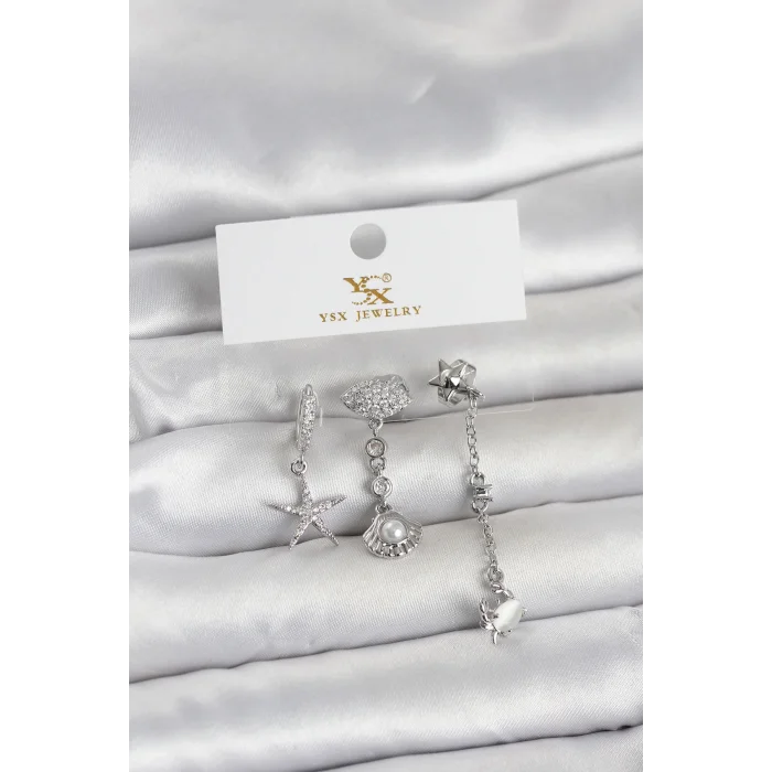 Pirinç Gümüş Renk Zirkon Taşlı Deniz Temalı 3lü Kadın Küpe