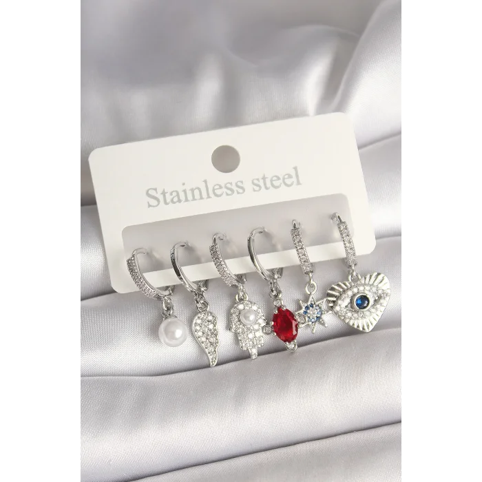 Pirinç Gümüş Renk Zirkon Taşlı Fatma Ana El Figür Kadın Küpe Seti