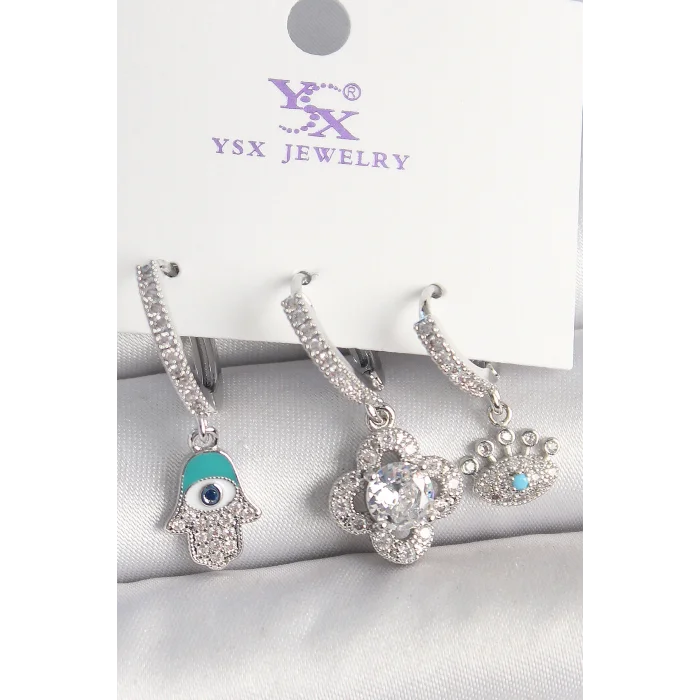 Pirinç Gümüş Renk Zirkon Taşlı Fatma Ana Yonca Figür Göz Detay 3Lü Kadın Kombin Küpe