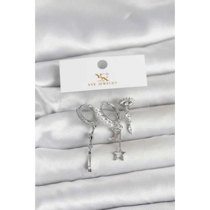 Pirinç Gümüş Renk Zirkon Taşlı Gece Temalı 3lü Kadın Küpe