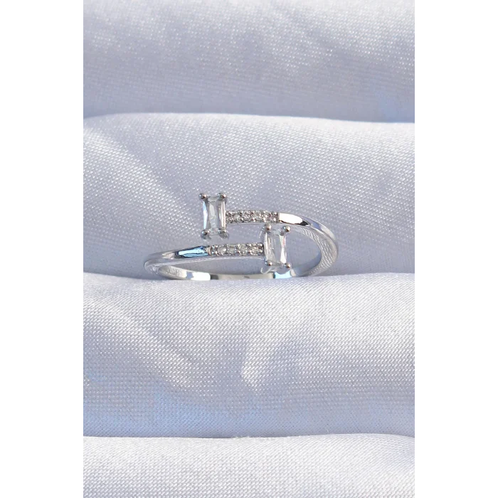 Pirinç Gümüş Renk Zirkon Taşlı Geometrik Ayarlanabilir Yüzük