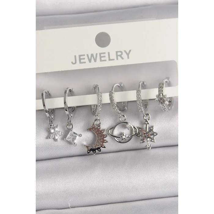 Pirinç Gümüş Renk Zirkon Taşlı Gezgen Model Kadın Küpe Seti