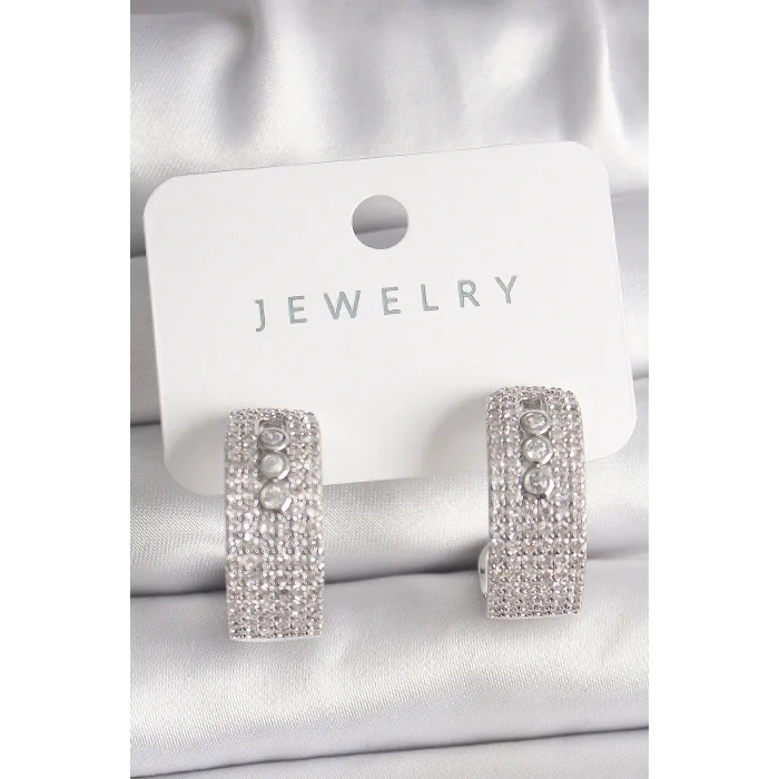 Pirinç Gümüş Renk Zirkon Taşlı Halka Messika Model Kadın Küpe