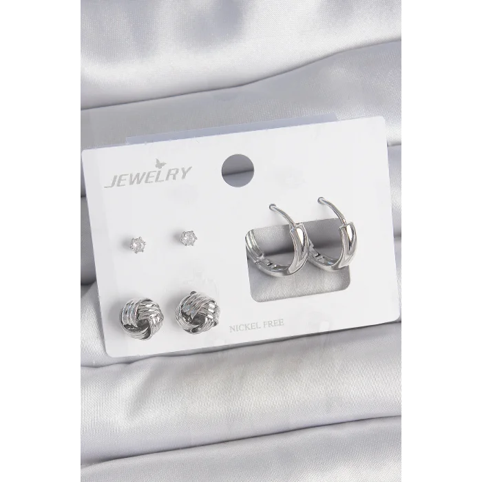 Pirinç Gümüş Renk Zirkon Taşlı Halka Model 3 Çift Kadın Küpe Seti