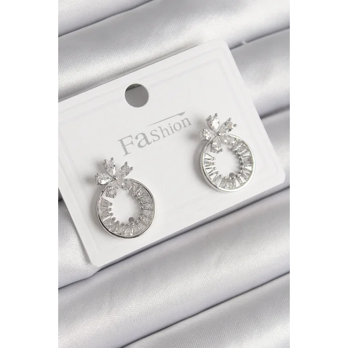 Pirinç Gümüş Renk Zirkon Taşlı Halka Model Çiçek Figür Kadın Küpe