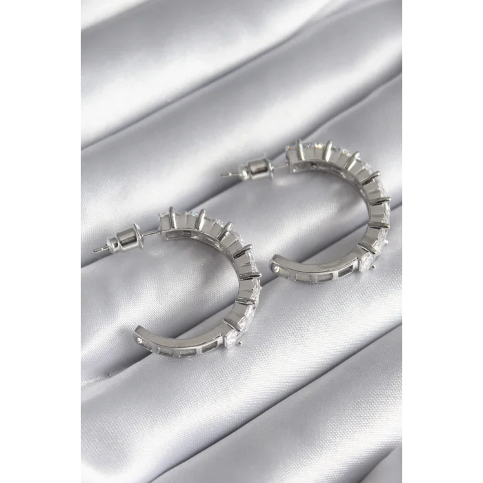 Pirinç Gümüş Renk Zirkon Taşlı Halka Model Kadın Küpe