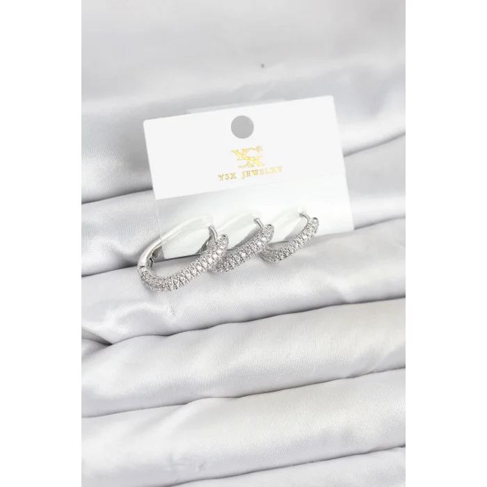 Pirinç Gümüş Renk Zirkon Taşlı Halka Model YSX Trio Küpe Seti