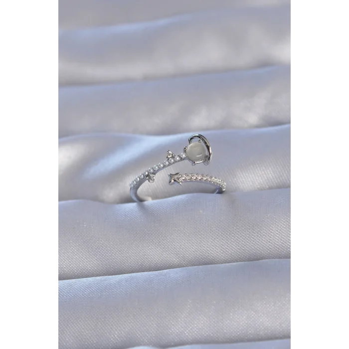 Pirinç Gümüş Renk Zirkon Taşlı İncili Satürn Model Ayarlanabilir Yüzük