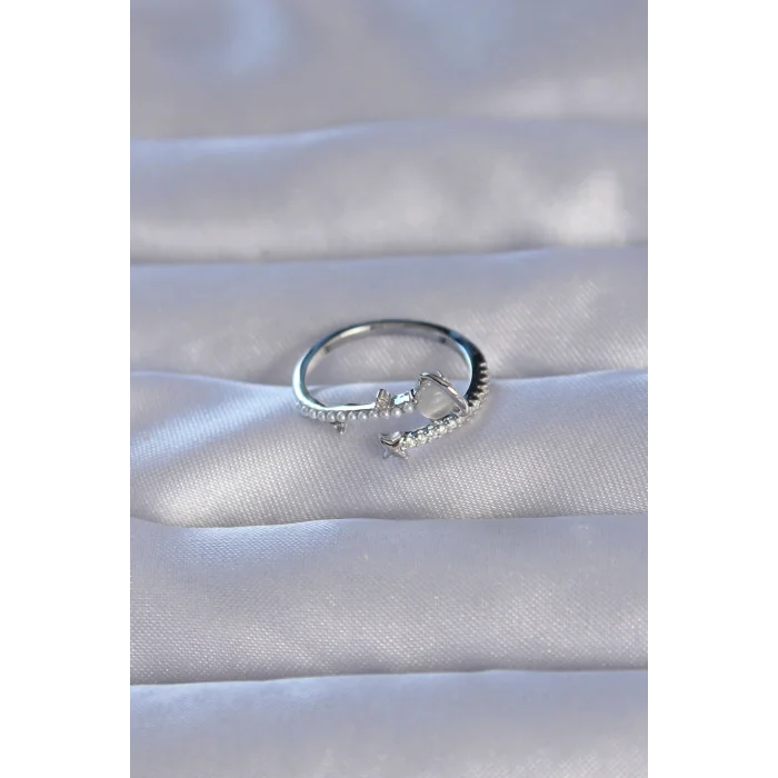 Pirinç Gümüş Renk Zirkon Taşlı İncili Satürn Model Ayarlanabilir Yüzük