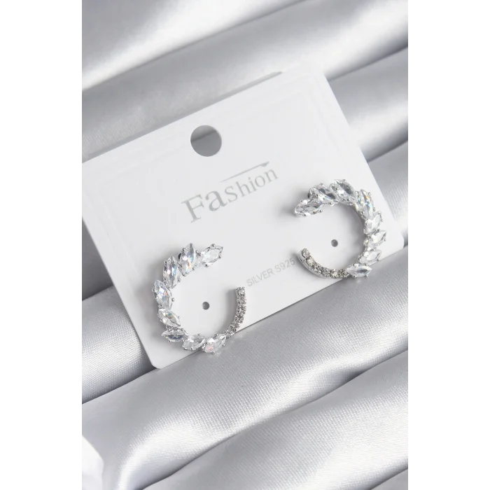 Pirinç Gümüş Renk Zirkon Taşlı Kadın Küpe