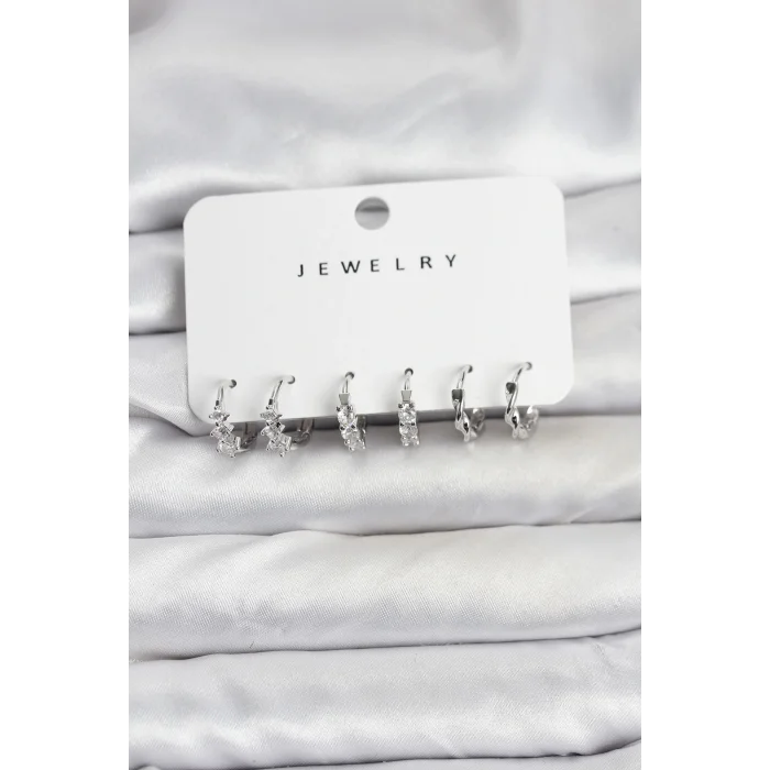 Pirinç Gümüş Renk Zirkon Taşlı Kadın Küpe Seti