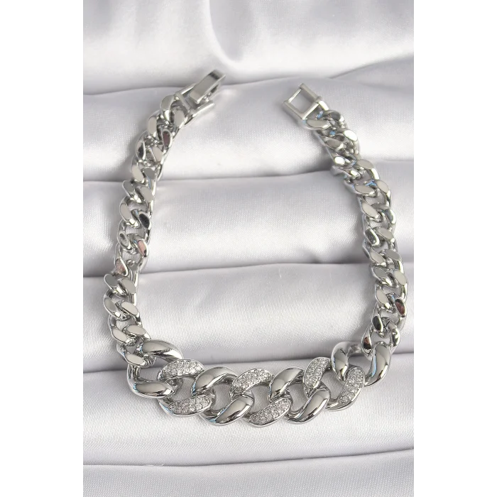 Pirinç Gümüş Renk Zirkon Taşlı Kalın Halka Model Kadın Bileklik