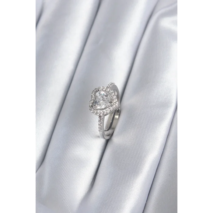 Pirinç Gümüş Renk Zirkon Taşlı Kalp Charm Model Kadın Yüzük