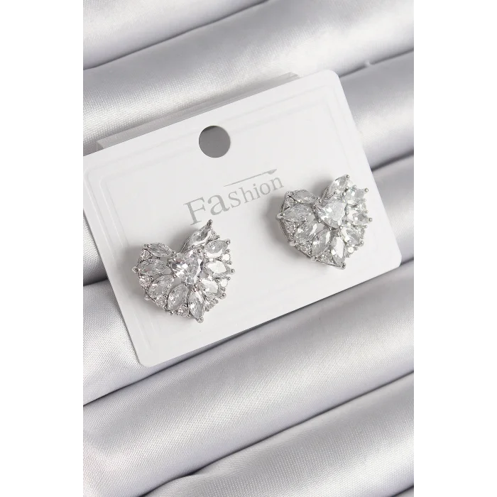 Pirinç Gümüş Renk Zirkon Taşlı Kalp Model Kadın Küpe