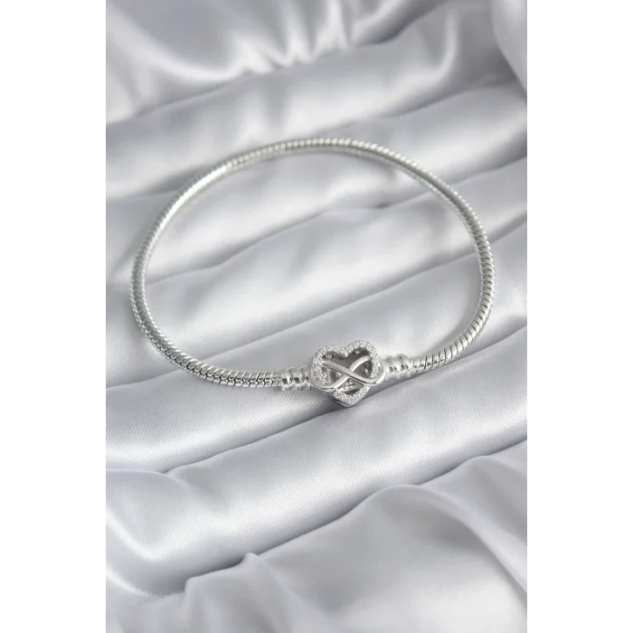 Pirinç Gümüş Renk Zirkon Taşlı Kalp Sonsuzluk Model Charm Kadın Bileklik