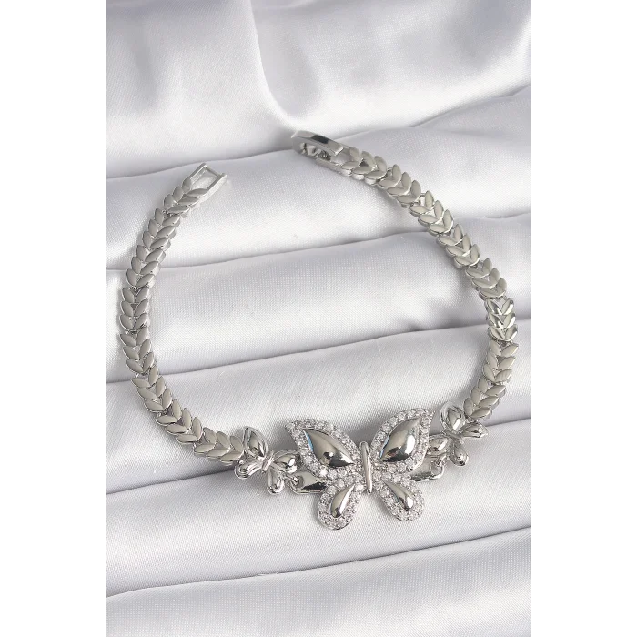 Pirinç Gümüş Renk Zirkon Taşlı Kelebek Model Kadın Bileklik