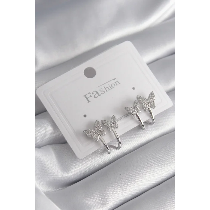 Pirinç Gümüş Renk Zirkon Taşlı Kelebek Model Kadın Küpe