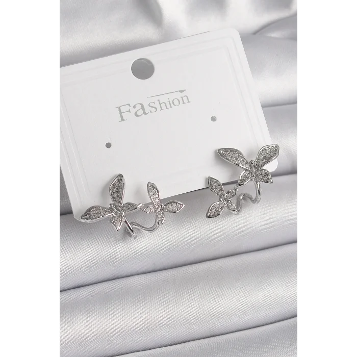 Pirinç Gümüş Renk Zirkon Taşlı Kelebek Model Kadın Küpe