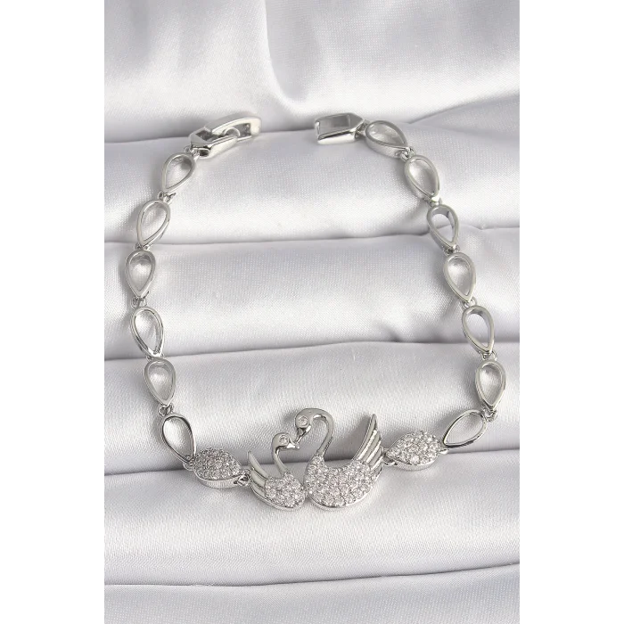 Pirinç Gümüş Renk Zirkon Taşlı Kuğu Figür Damla Zincir Model Kadın Bileklik
